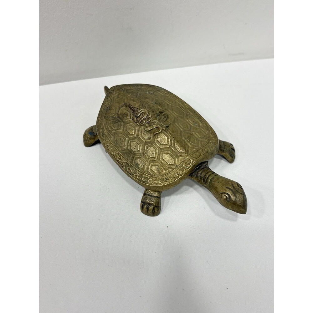 Vintage Brass Hinged Lid Turtle Ashtray Trinket Box